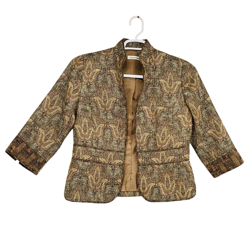 Coldwater Creek Womens Brown Gold Paisley Tapestry Mandarin Jacket Size 8